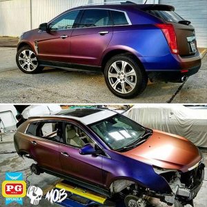 Cadillac wrapped in Avery's new Colorflow Roaring Thunder Blue/red Shade Shifting vinyl