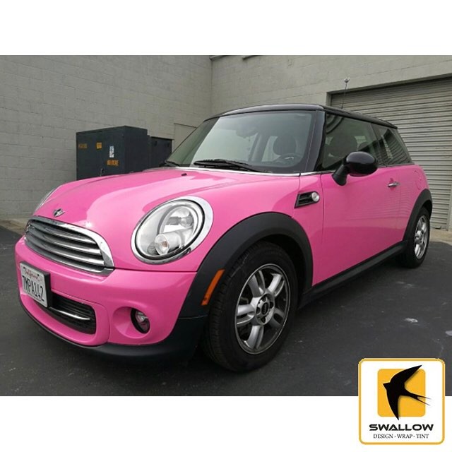 Mini Cooper wrapped in Gloss Hot Pink vinyl