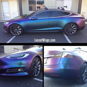 Tesla wrapped in Avery ColorFlow Satin Rushing Riptide Cyan/Purple shade shifting vinyl