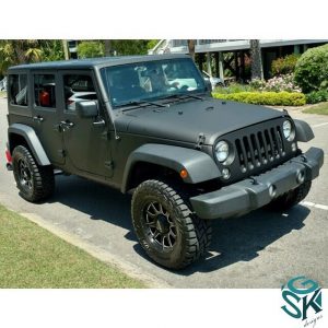 Jeep wrapped in Arlon UPP Matte Black vinyl