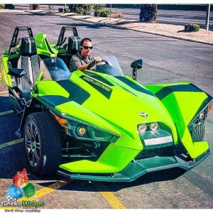 Polaris Slingshot wrapped in Avery Gloss Grass Green vinyl