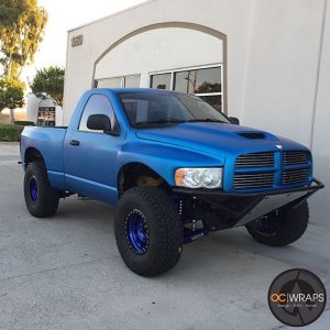 Ram truck wrapped in 1080 Matte Metallic Blue vinyl