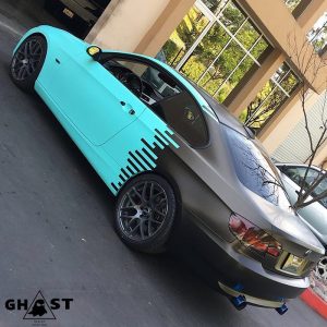 BMW wrapped in 1080 Satin Key West aka Tiffany Blue & Satin Gold Dust Black vinyl