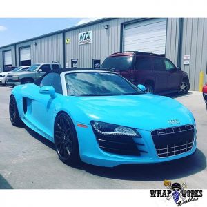 Audi R8 wrapped in Gloss Sky Blue vinyl