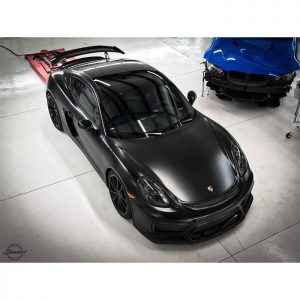 Porsche Cayman wrapped in Avery SW Satin Black and Gloss Black vinyls