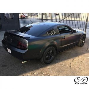 Ford Mustang wrapped in Satin Black vinyl