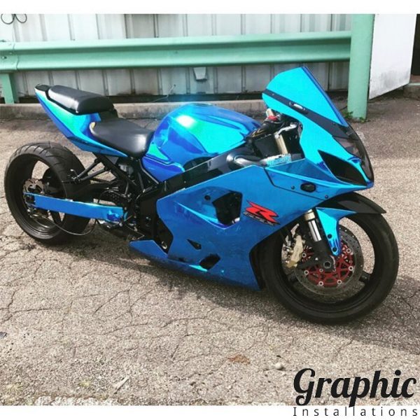 Suzuki GSXR Motorcycle wrapped in Avery SW Blue Chrome vinyl