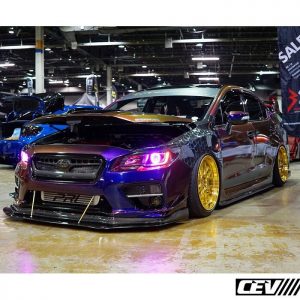 Subaru WRX wrapped in Avery ColorFlow Gloss Roaring Thunder Blue/Red shade shifting vinyl