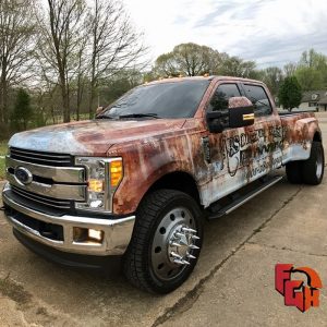 Ford F350 wrapped in custom printed rust on Avery 1105EZRS vinyl with 1360z Gloss overlaminate