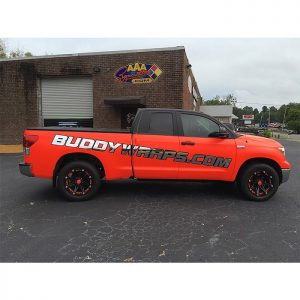 F150 Commercial Truck wrapped in Neon Fluorescent Red vinyl with Avery SW Silver Chrome & Satin Black vinyl graphics