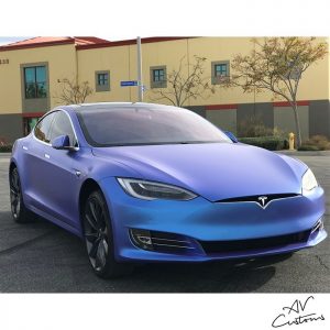 Tesla Models wrapped in ColorFlip Satin Glacier Frost Blue/Purple shade shifting vinyl