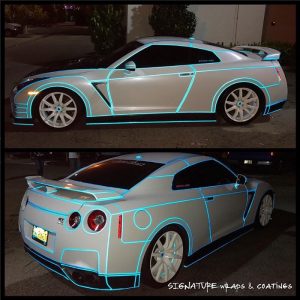 Nissan GTR wrapped in Avery SW Metallic Diamond White vinyl with 3M 680 Light Blue Reflective vinyl 