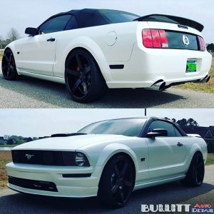 Ford Mustang wrapped in Avery SW Satin Pearl White vinyl