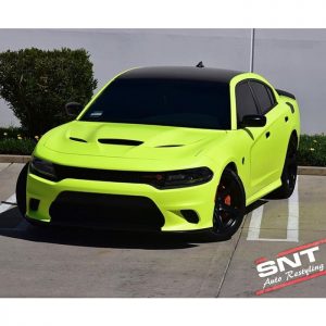 Dodge Charger wrapped in Satin Neon Fluorescent Yellow vinyl