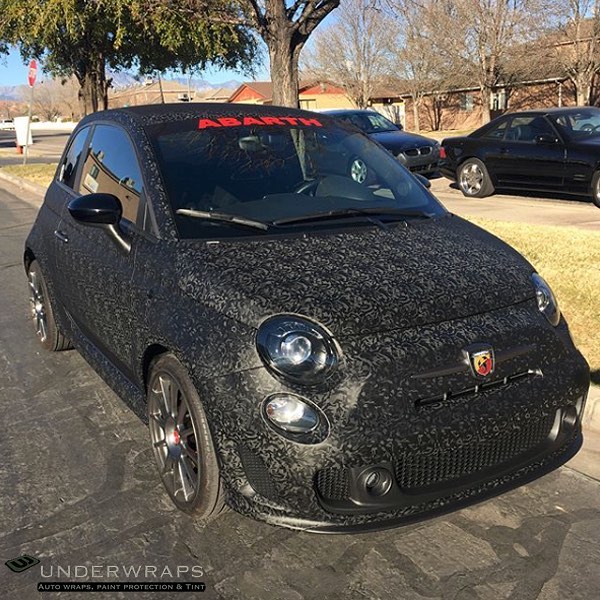 Fiat Abarth wrapped in Shadow Black vinyl