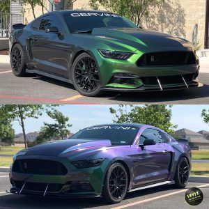 Ford Mustang wrapped in Avery ColorFlow Gloss Urban Jungle Silver/Green shade shifting vinyl