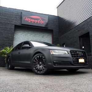 Audi A8 wrapped in Matte Deep Black vinyl