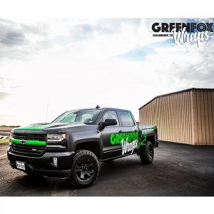 Commercial Chevrolet Pick Up wrapped in Avery SW Satin Black and Arlon Green Chrome vinyls