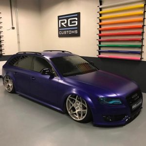 Audi RS-4 wrapped in Satin Mystique Blue vinyl