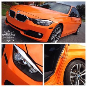 BMW 328i wrapped in Gloss Burnt Orange vinyl