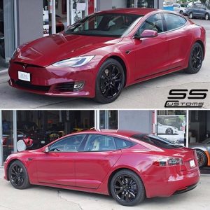 Tesla Models wrapped in Gloss Cinder Spark Red vinyl