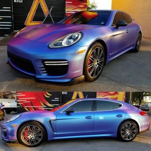 Porsche Panamera wrapped in ColorFlip Satin Glacier Frost Blue/Purple shade shifting vinyl