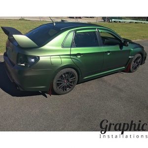 Subaru WRX wrapped in Avery ColorFlow Satin Urban Jungle Silver/Green vinyl