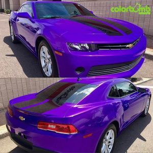 Chevy Camaro wrapped in Gloss Plum Explosion vinyl