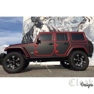 Jeep Wrangler wrapped in Avery SW Matte Black vinyl using #knifelesstape to expose the red paint underneath