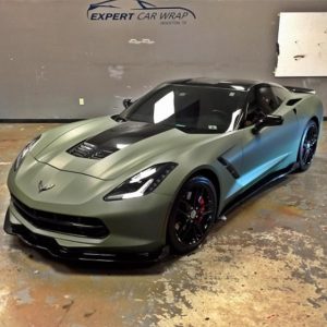 Chevy Corvette wrapped in Matte Military Green vinyl