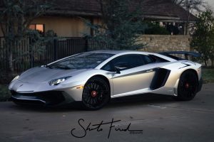 Lamborghini Aventador wrapped in Avery SW Silver Chrome laminated with 3M Matte Clear vinyl