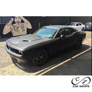 Dodge Challenger wrapped in Matte Deep Black vinyl