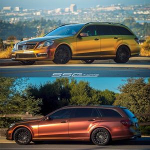 Mercedes Benz E63 Wagon wrapped in Avery's new Colorflow Rising Sun Red/Gold shade shifting vinyl