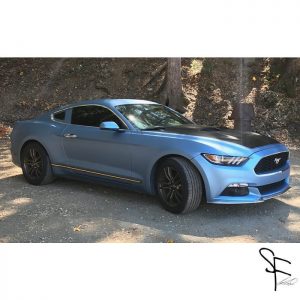 Ford Mustang wrapped in Avery SW900 Matte Frosty Blue Metallic and Satin Black vinyls