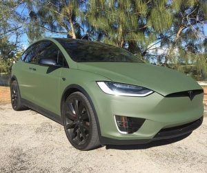 Tesla wrapped in Matte Military Green vinyl