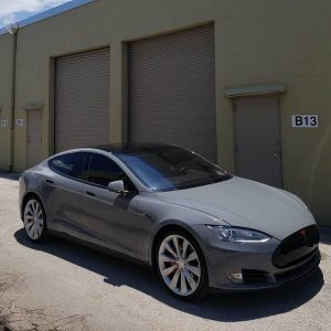 Tesla wrapped in Gloss Nardo Gray vinyl