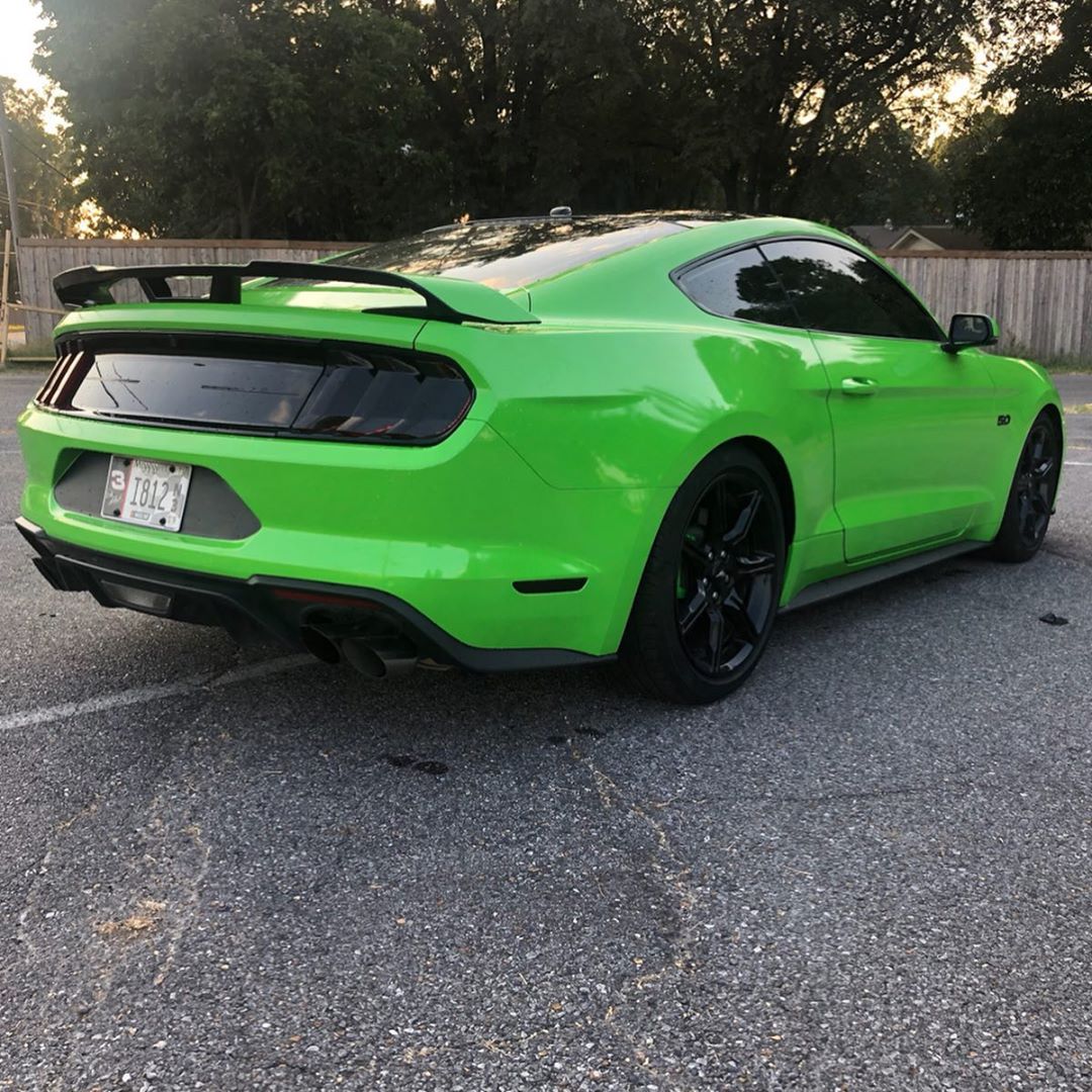 Ford Mustang wrapped in Gloss Grass Green vinyl