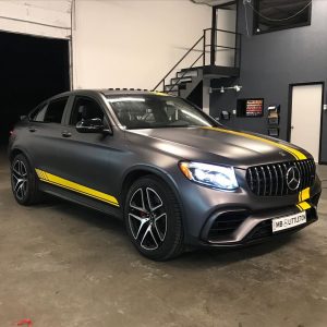 Mercedes Benz wrapped in Satin Charcoal Metallic & Gloss Bright Yellow vinyl